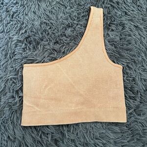 tan ribbed one shoulder cropped sports bra